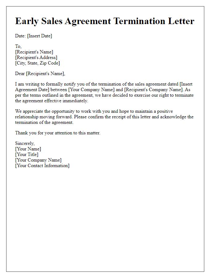 Letter template of early sales agreement termination