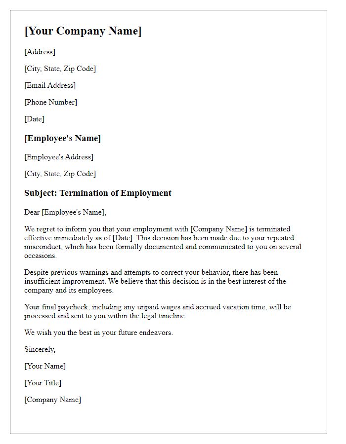 Letter template of ending employment for repeated misconduct.