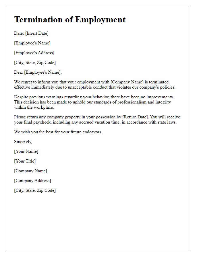 Letter template of termination due to unacceptable conduct.