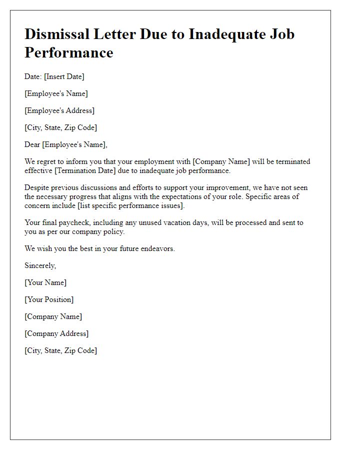 Letter template of dismissal for inadequate job performance.