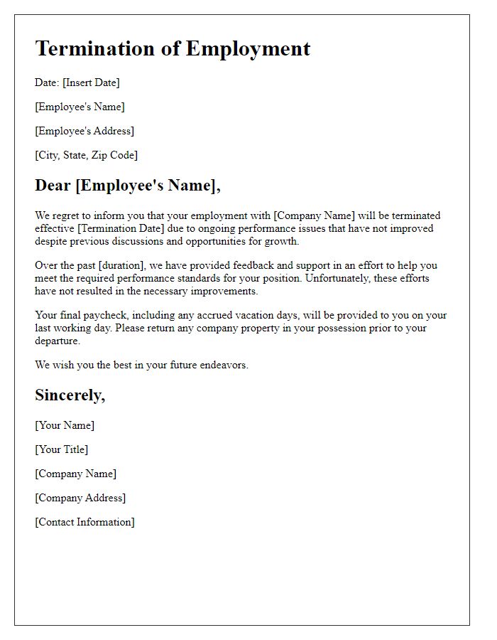 Letter template of employment termination for performance issues.