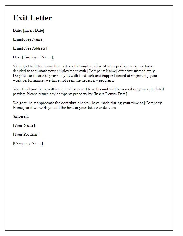 Letter template of exit letter for failure to improve performance.