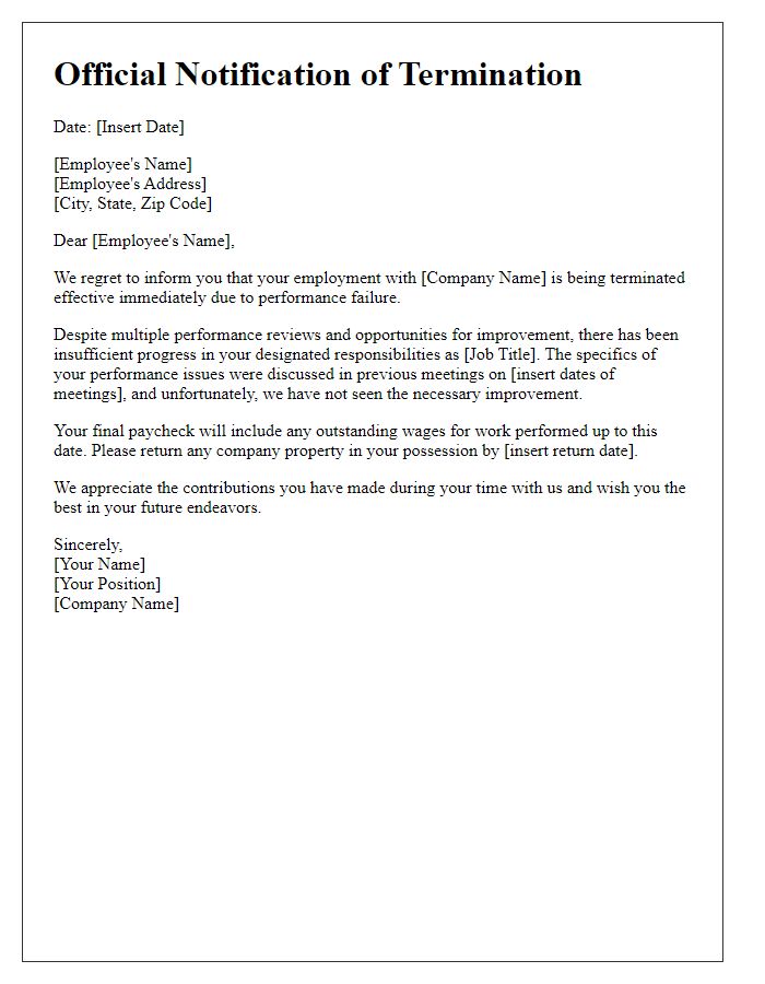 Letter template of official notification of termination for performance failure.