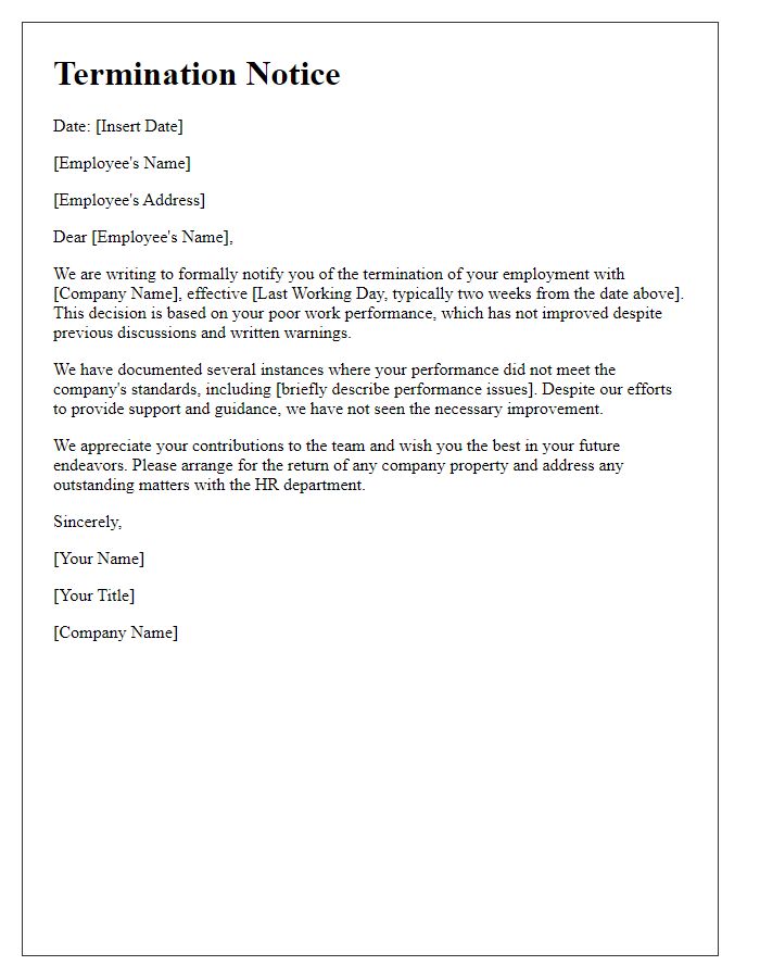 Letter template of termination notice for poor work performance.