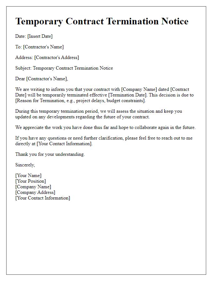 Letter template of temporary contract termination notice for contractors.