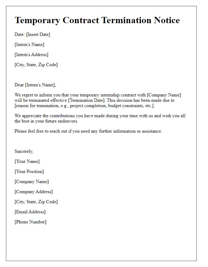 Letter template of temporary contract termination notice for interns.