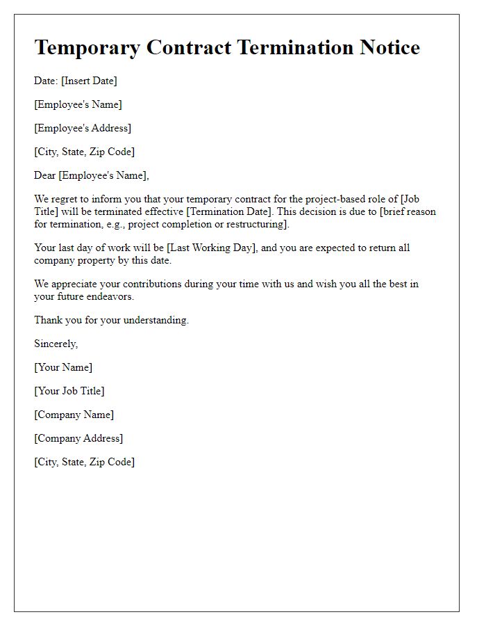 Letter template of temporary contract termination notice for project-based roles.