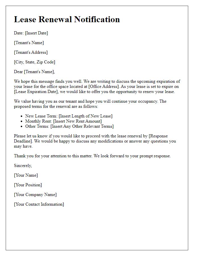 Letter template of lease renewal communication for office space.