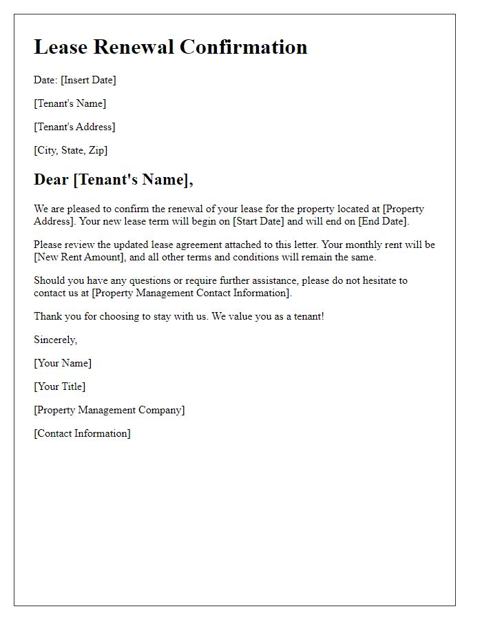 Letter template of lease renewal confirmation for property management.