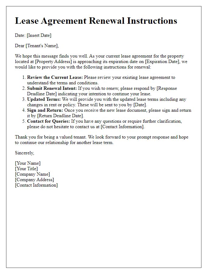 Letter template of renewal instructions for lease agreements.