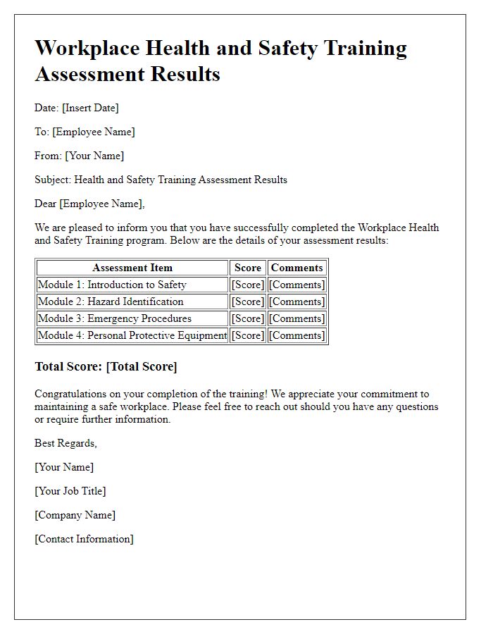 Letter template of workplace health and safety training assessment results