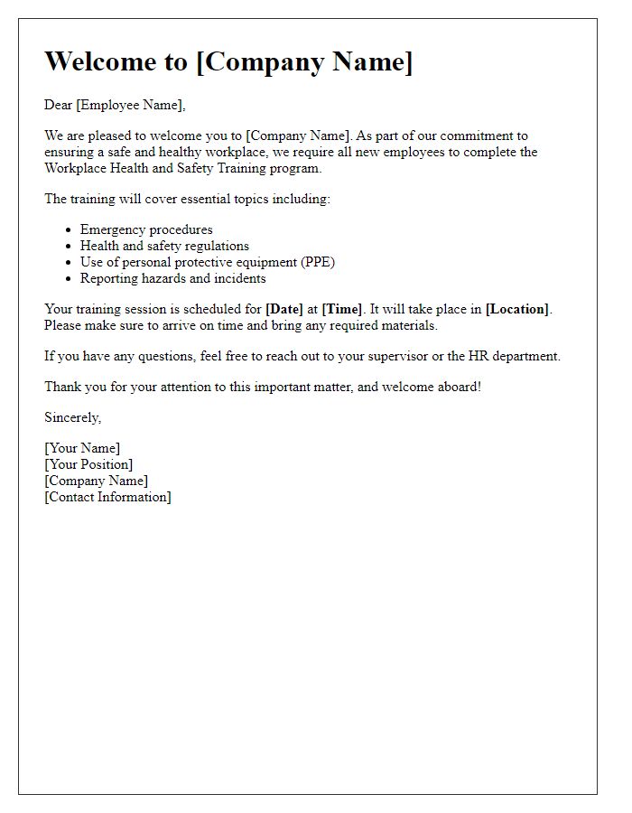 Letter template of workplace health and safety training for new employees