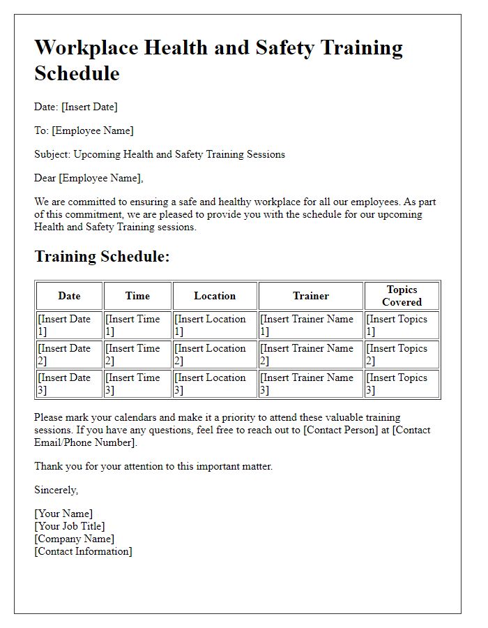 Letter template of workplace health and safety training schedule