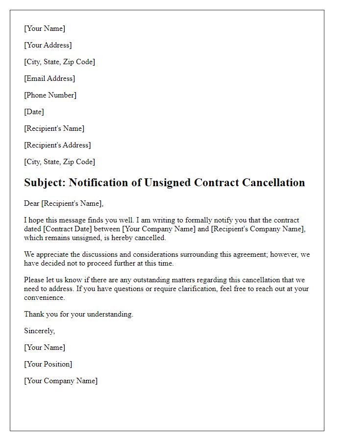 Letter template of notification for unsigned contract cancellation