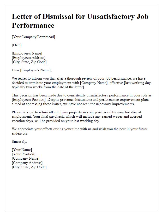 Letter template of dismissal for unsatisfactory job performance.