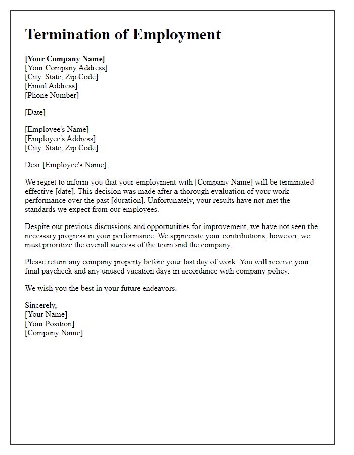 Letter template of ending employment for unsatisfactory work results.