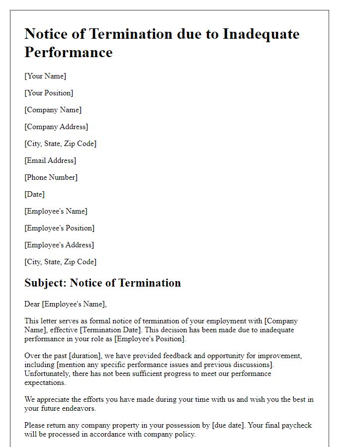 Letter template of notice of termination based on inadequate performance.