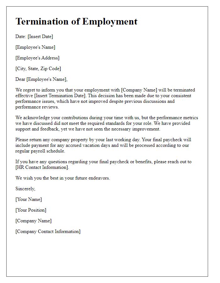 Letter template of official termination letter for poor performance.