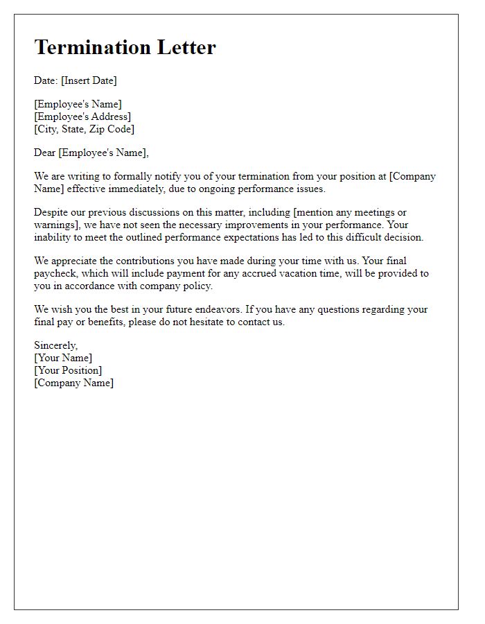 Letter template of termination due to performance issues.