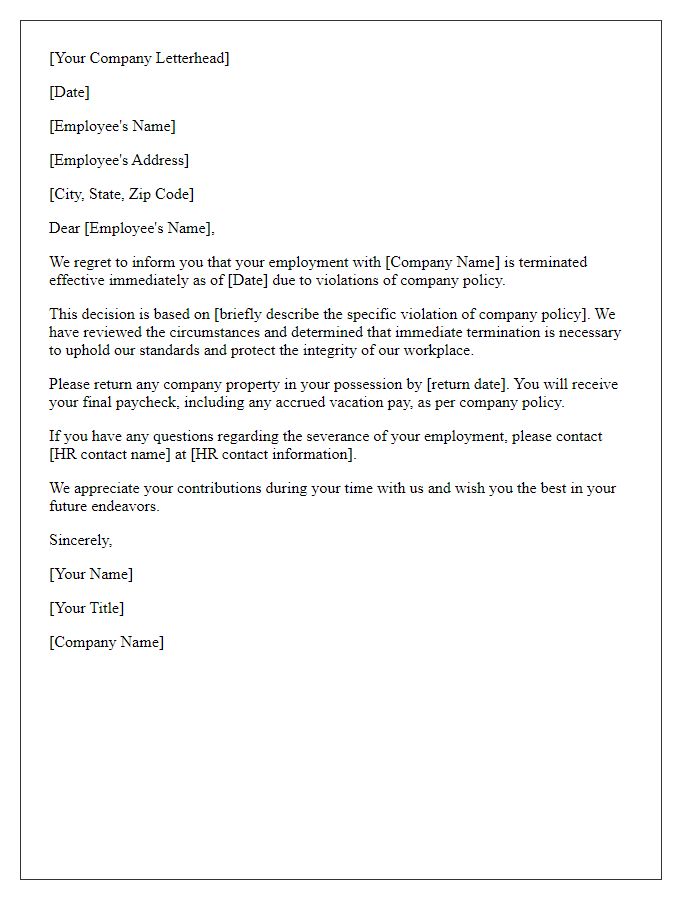 Letter template of immediate termination of employment for violation of company policy.