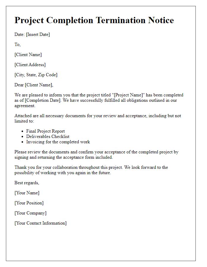 Letter template of project completion termination notice for client acceptance.