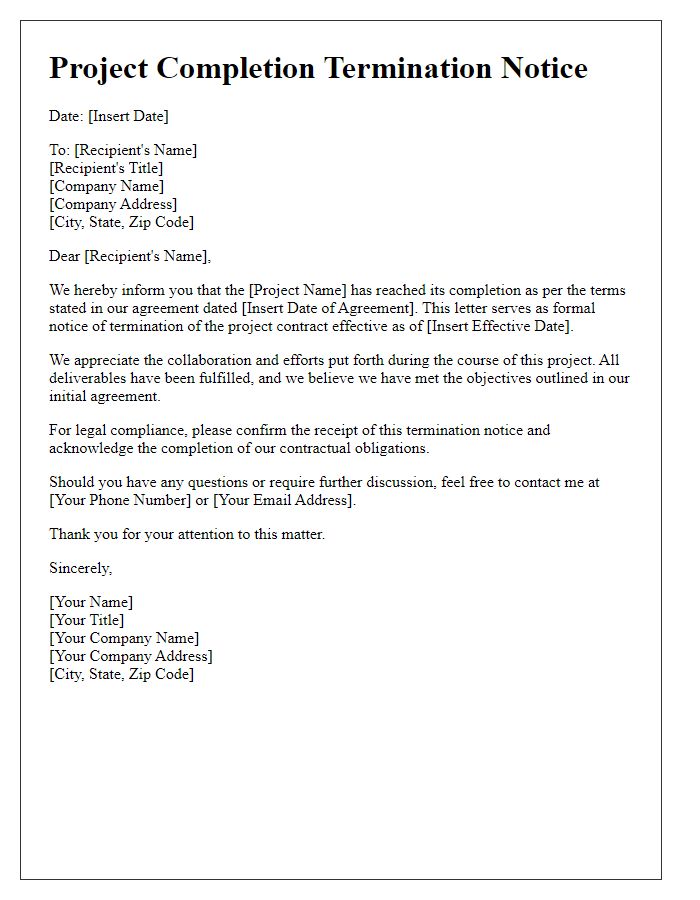 Letter template of project completion termination notice for legal compliance.