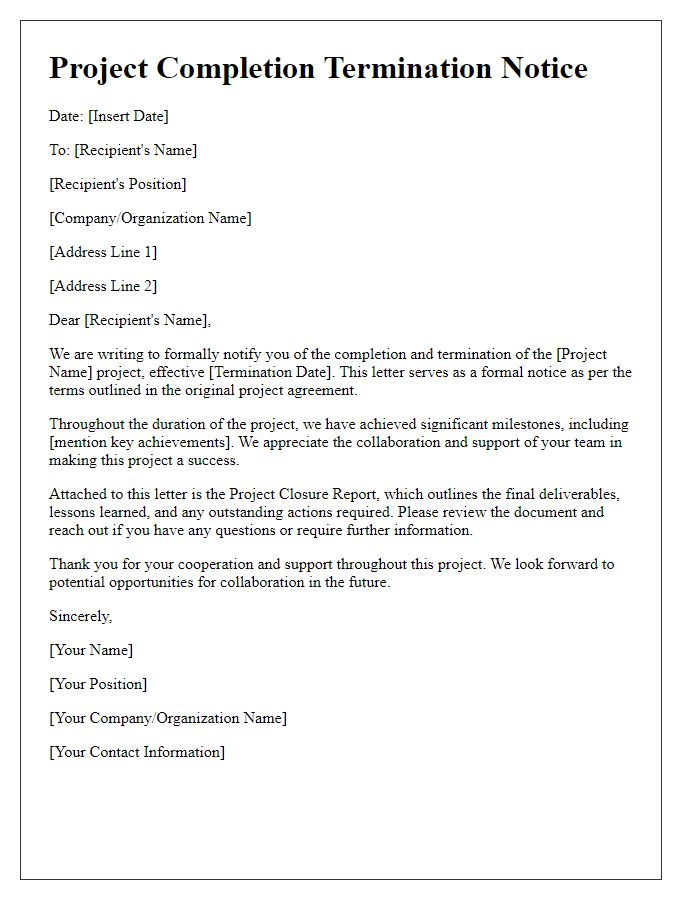 Letter template of project completion termination notice for project closure report.