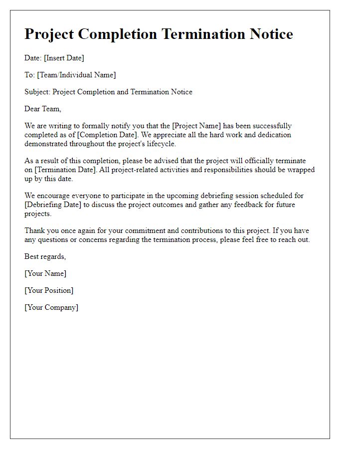 Letter template of project completion termination notice for team communication.