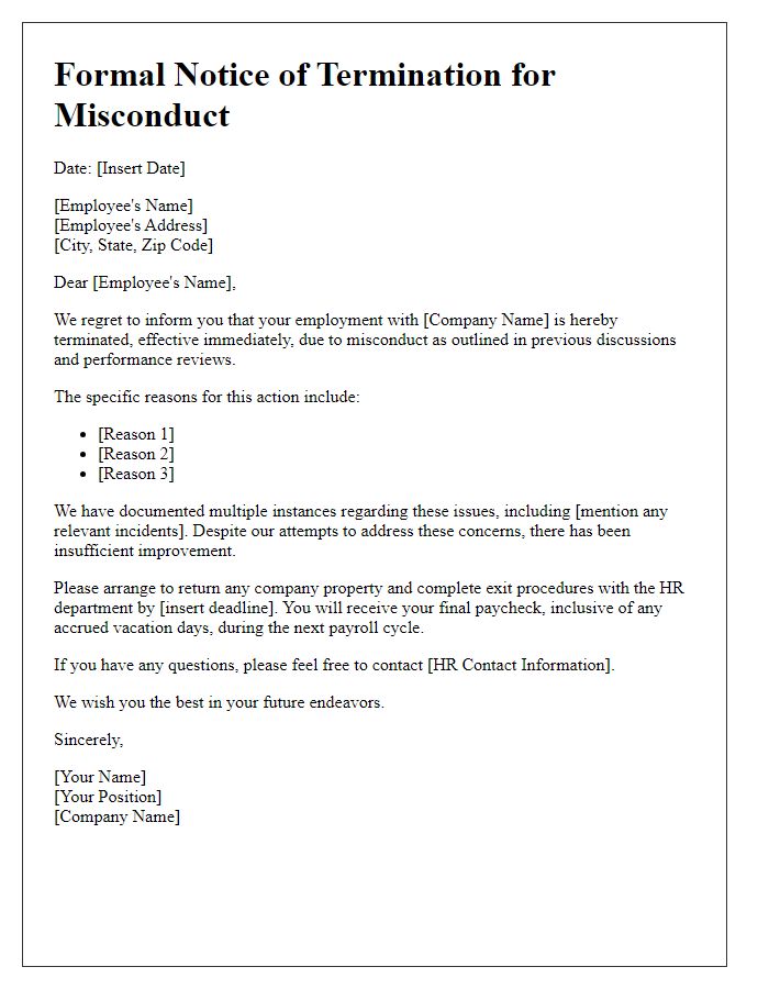 Letter template of formal notice of termination for misconduct.