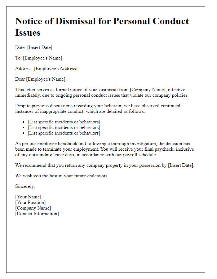 Letter template of notice of dismissal for personal conduct issues.