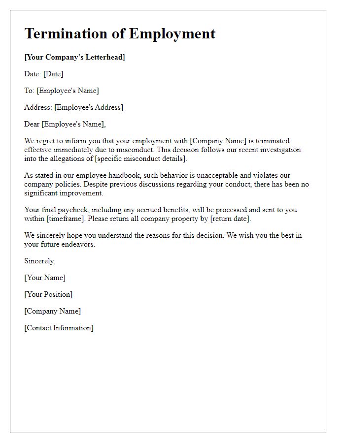 Letter template of staff termination due to misconduct.