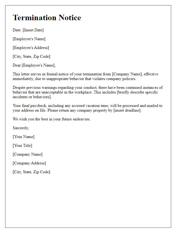 Letter template of termination notice for inappropriate behavior.