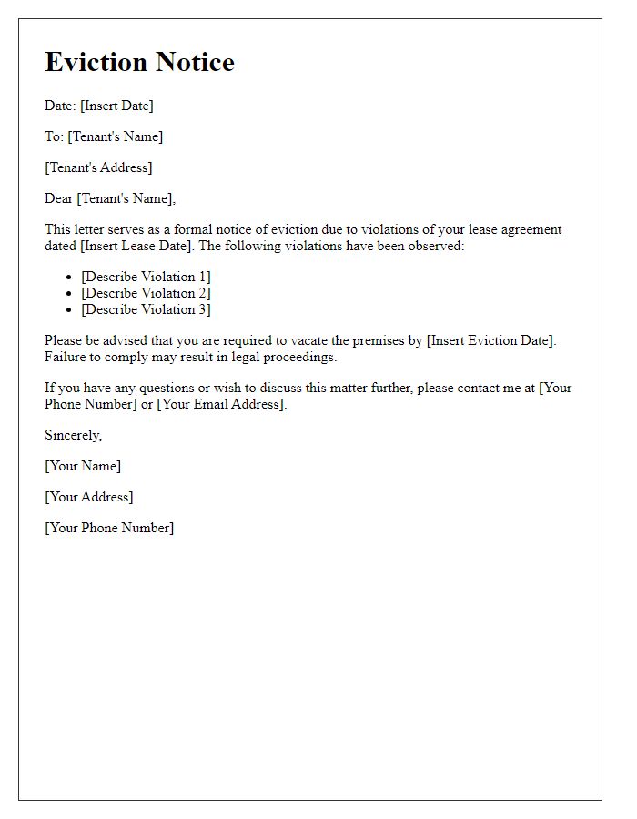 Letter template of eviction notice due to lease violations