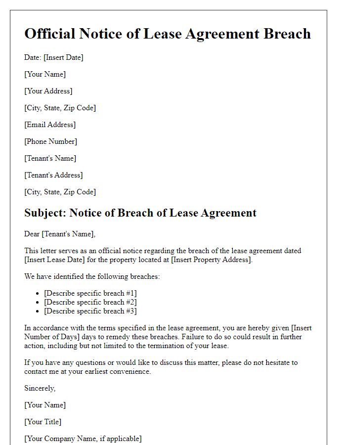 Letter template of official notice for lease agreement breach