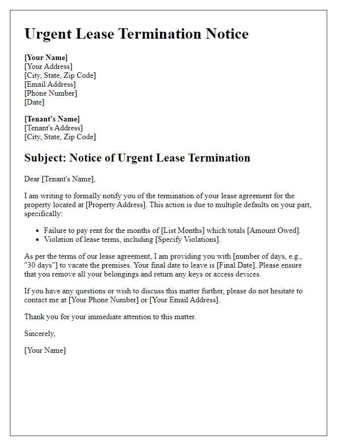 Letter template of urgent lease termination due to tenant defaults