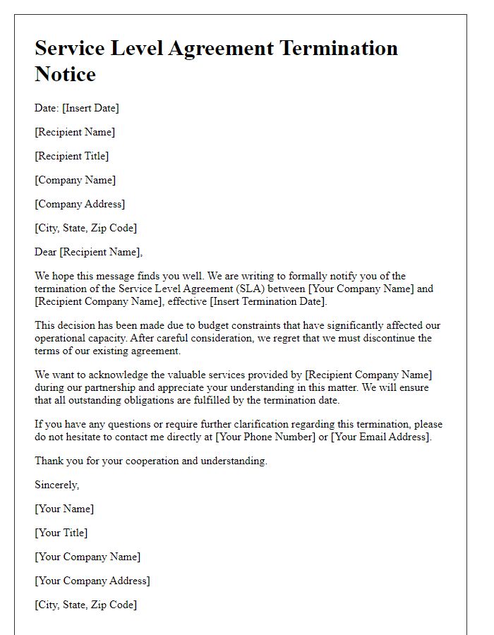 Letter template of service level agreement termination based on budget constraints.