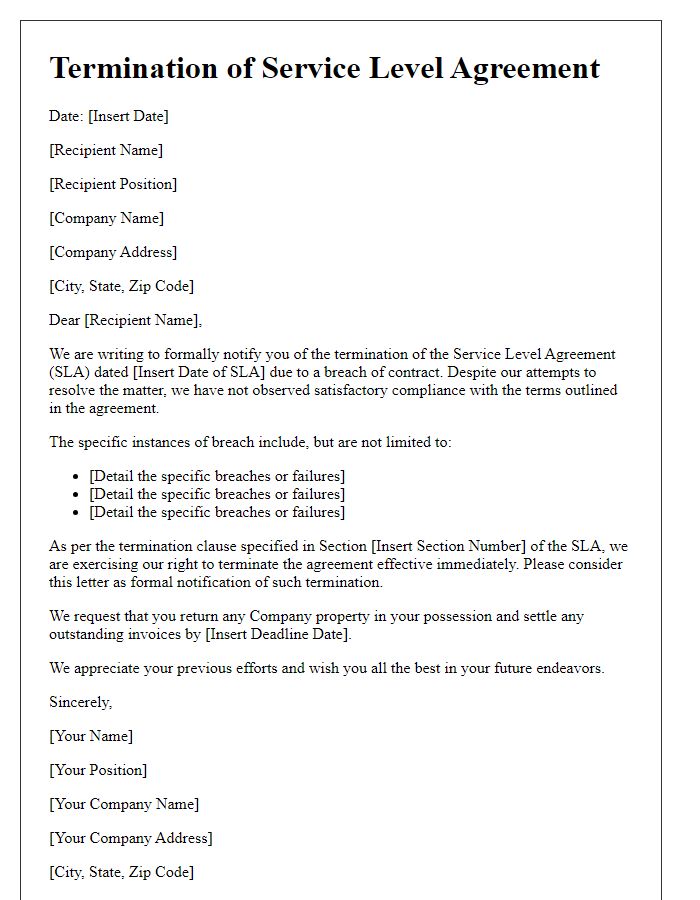 Letter template of service level agreement termination for breach of contract.