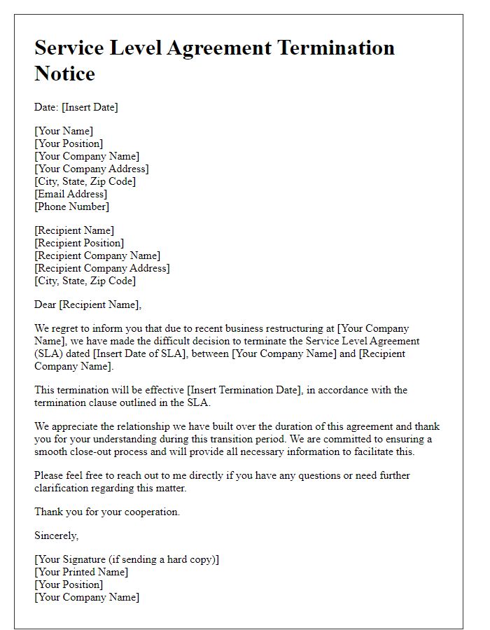 Letter template of service level agreement termination due to business restructuring.