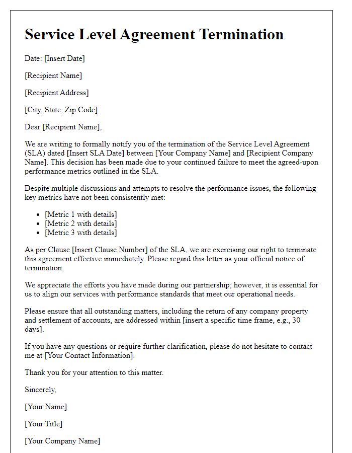 Letter template of service level agreement termination for failure to meet performance metrics.