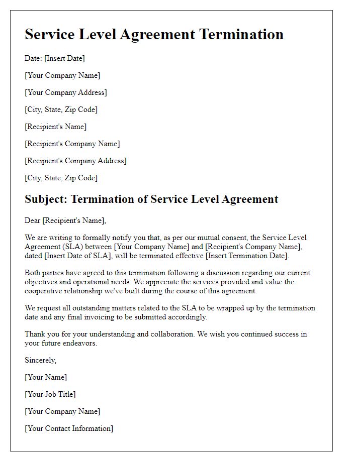 Letter template of service level agreement termination for mutual consent.