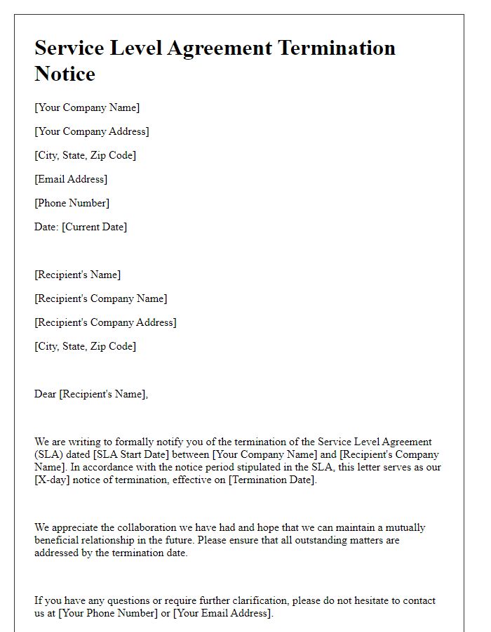 Letter template of service level agreement termination with notice period.