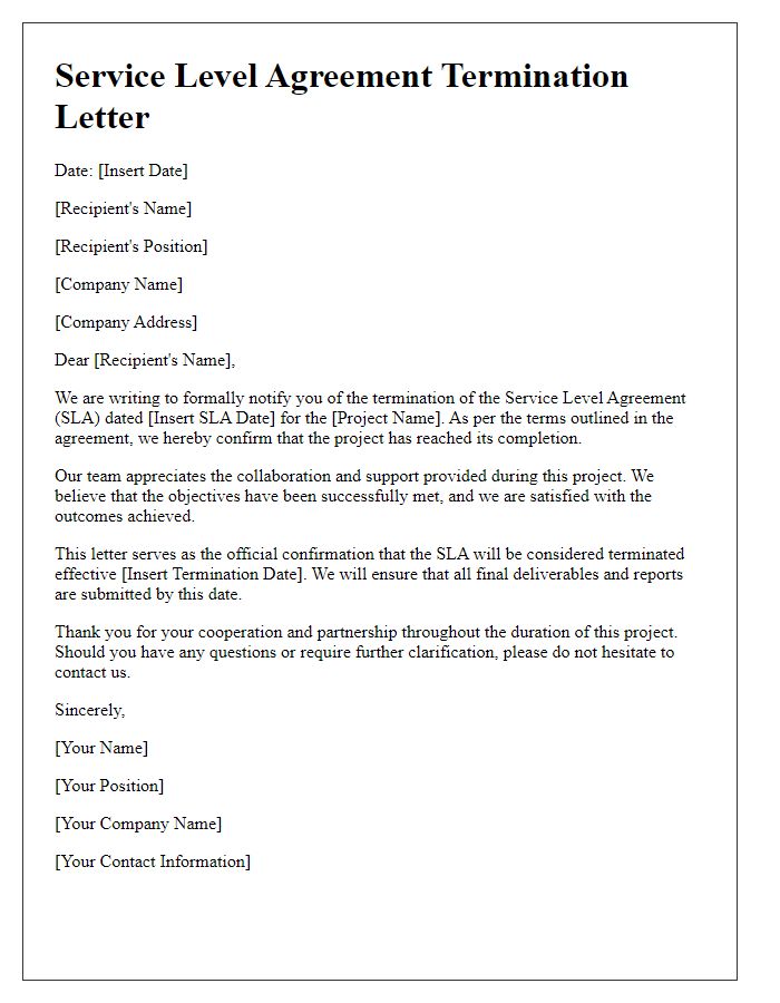 Letter template of service level agreement termination for project completion.