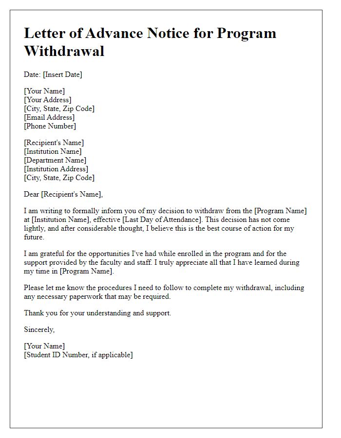 Letter template of advance notice termination for academic program withdrawal.