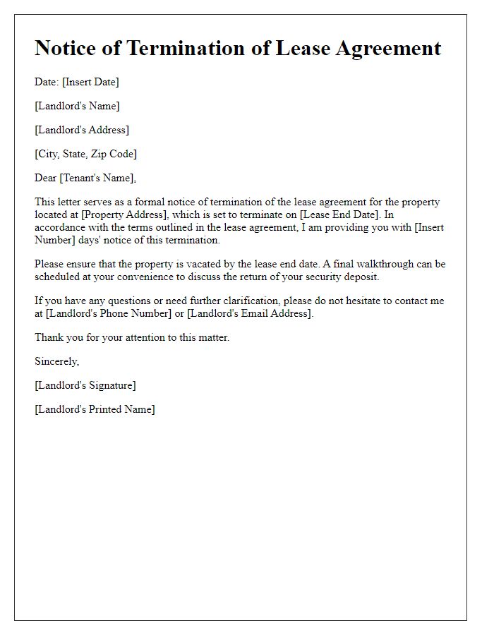 Letter template of advance notice termination for lease agreement ending.