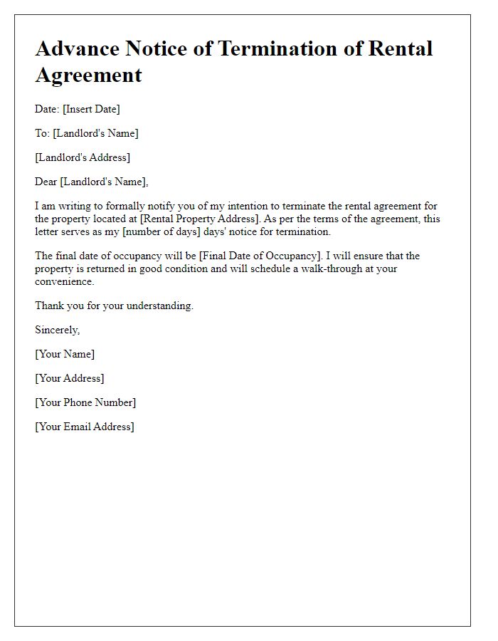 Letter template of advance notice termination for rental agreement cancellation.