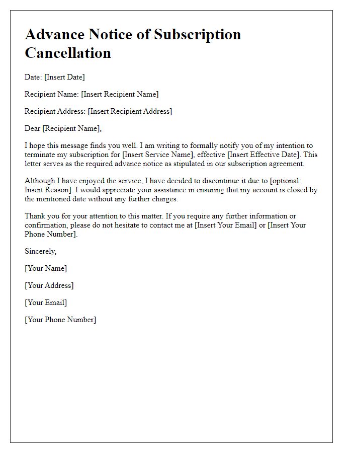 Letter template of advance notice termination for subscription service cancellation.