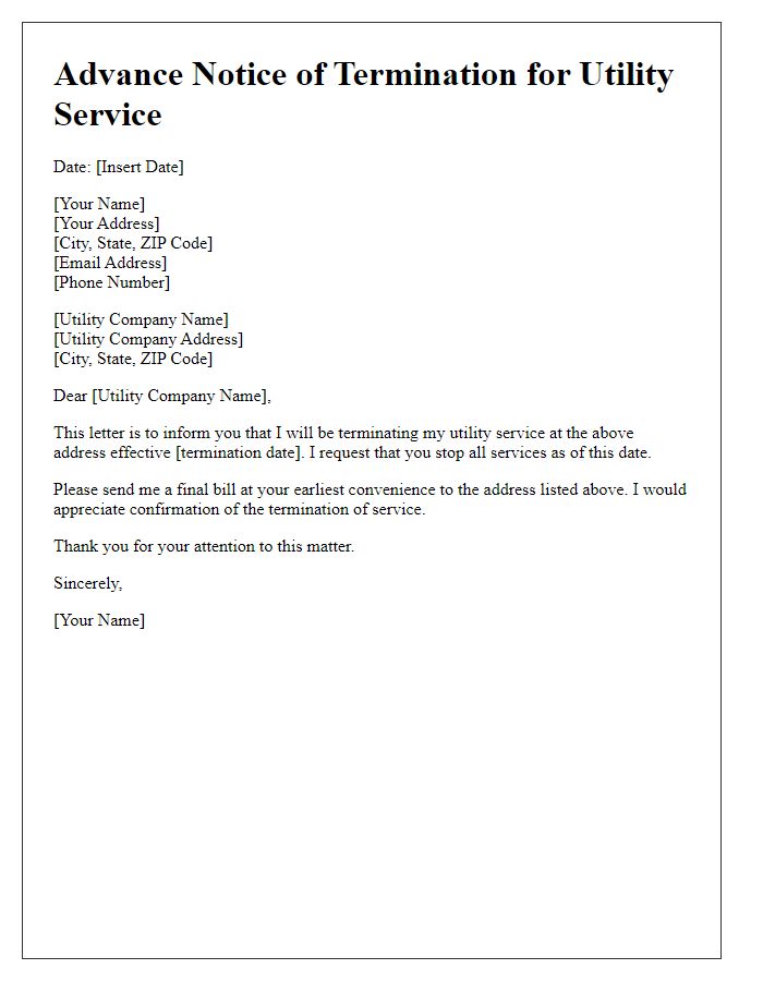 Letter template of advance notice termination for utility service ending.