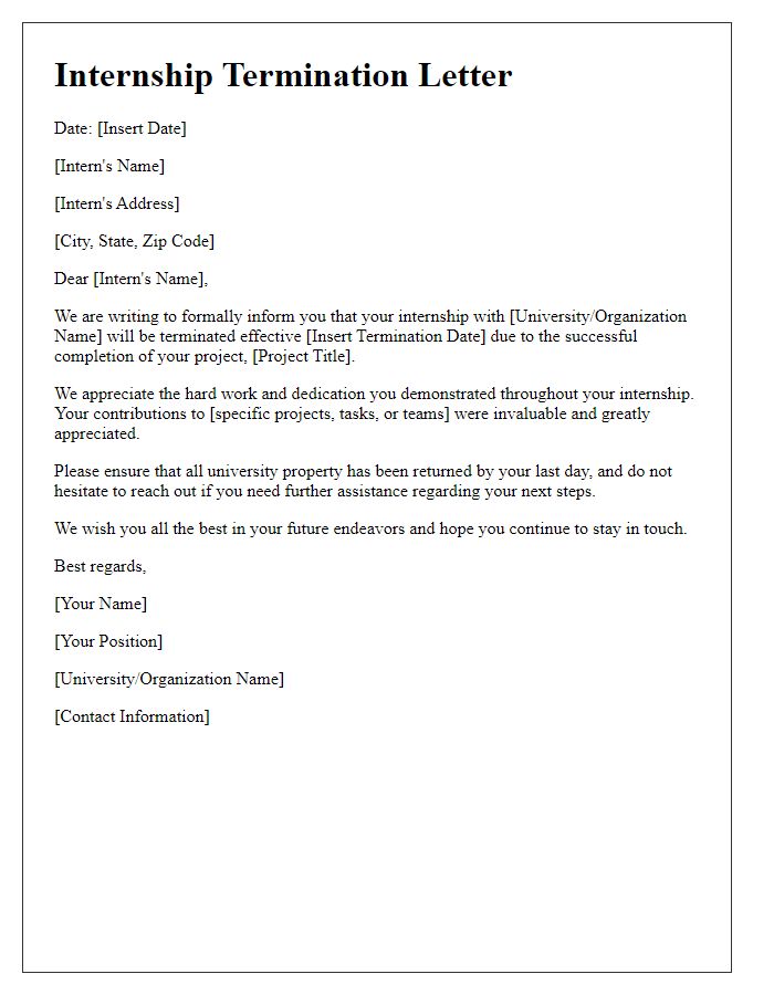 Letter template of university internship termination after project completion