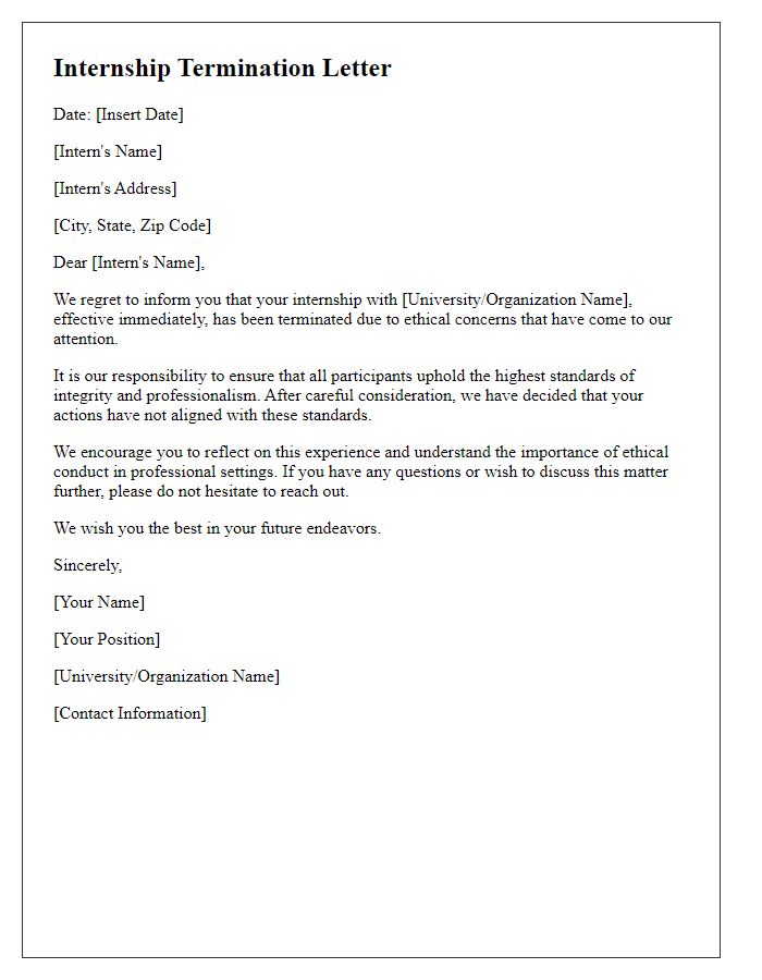 Letter template of university internship termination for ethical concerns