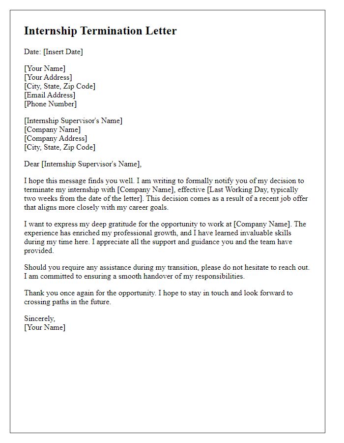 Letter template of university internship termination following a job offer